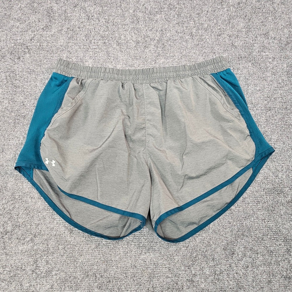 Under Armour Running Shorts Womens L Gray Teal Mesh Trim Athletic Gym Activewear